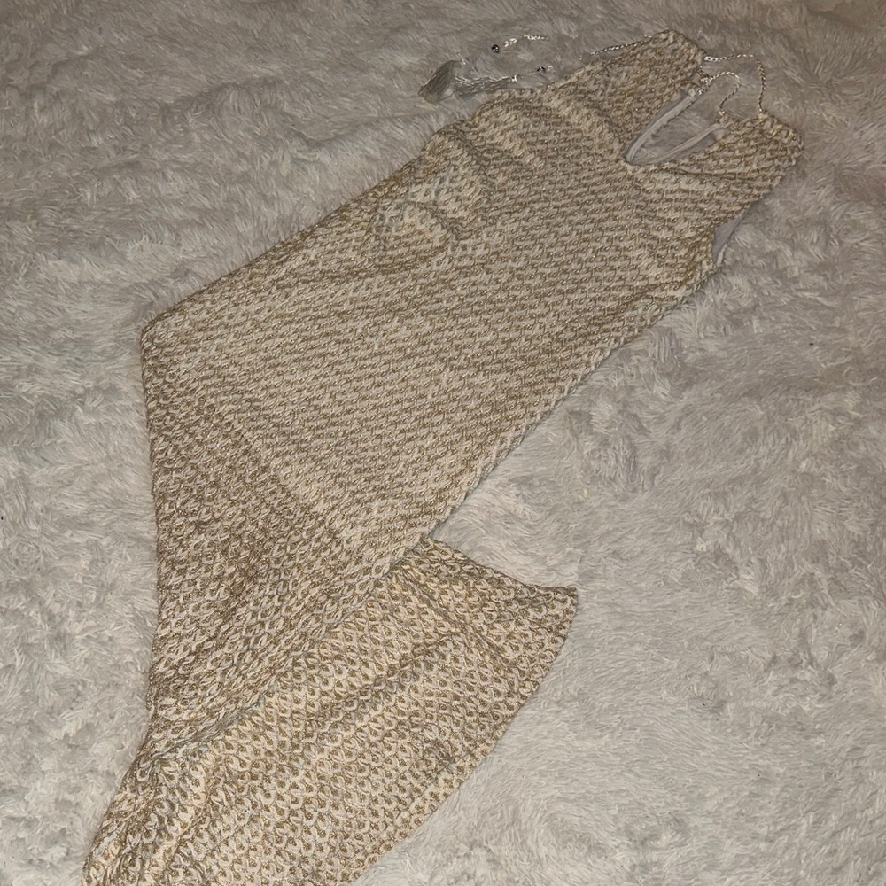Fashion Nova Textured Tan and Gold Long Dress